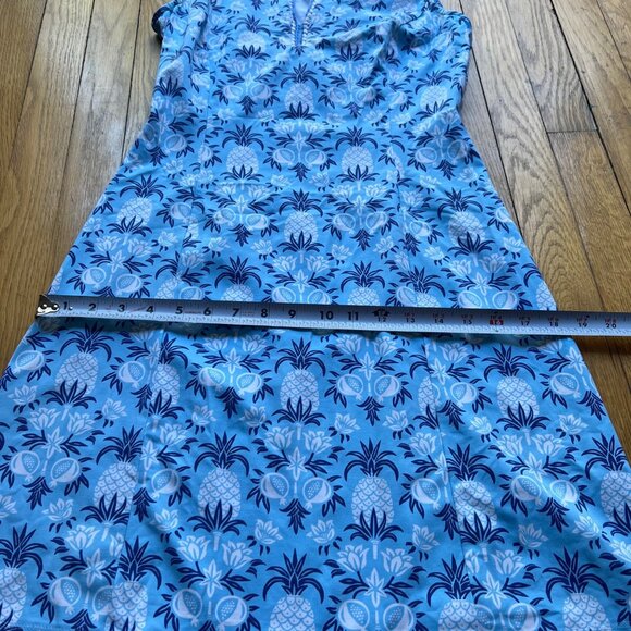 J. McLaughlin Size XS Blue Rue Pineapple Print Sleeveless Split Neck Shift Dress - Picture 8 of 13